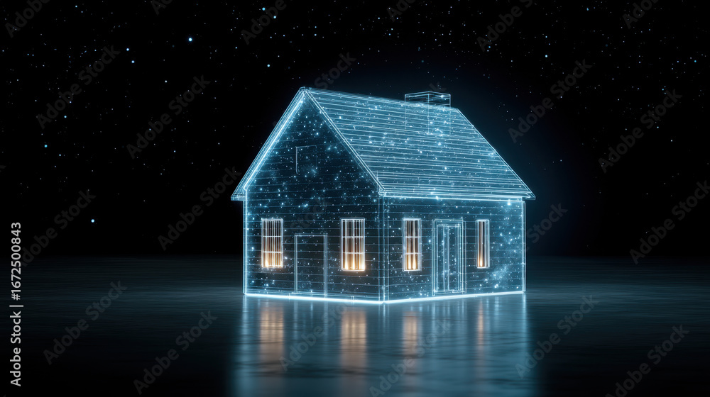 Poster digital representation of house illuminated with glowing lines and particles, set against starry nig