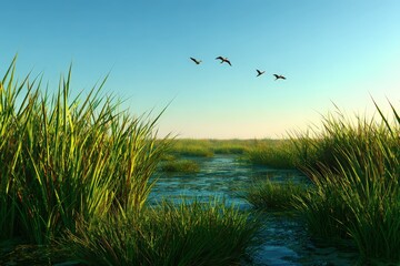Tranquil marshland scene with lush grass and flying birds in clear sky
