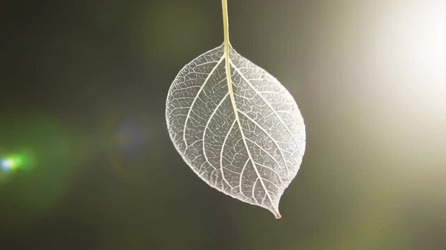 Delicate translucent skeleton leaf glowing against soft green background
