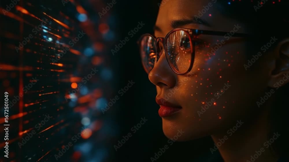 Aufkleber a focused woman with glasses analyzing a futuristic holographic screen with abstract data lights. co