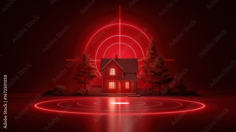 Poster digital illustration of house surrounded by red target symbol, creating dramatic and intense atmosph