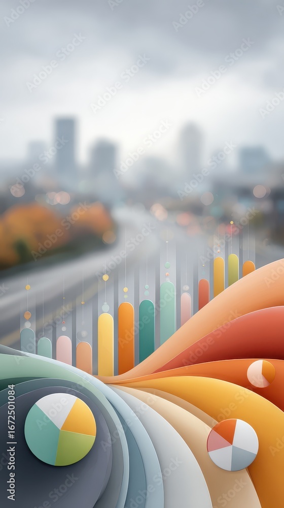 Poster dynamic dashboard design illustrating inflation impact with colorful charts and a blurred urban back