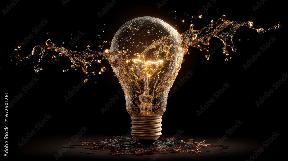 Poster light bulb with water splashing around it creates striking visual effect, symbolizing creativity and