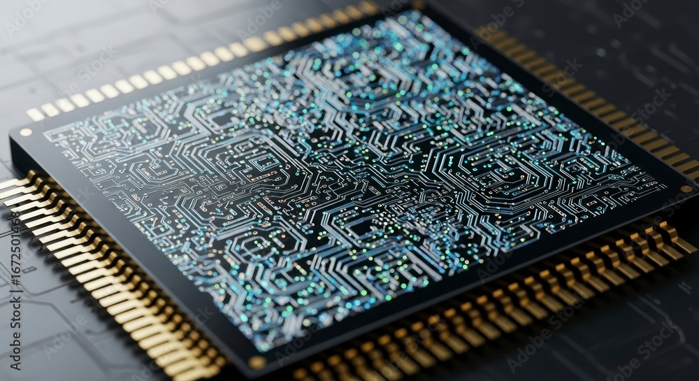 Fototapete detailed close-up of a complex integrated circuit chip with intricate circuit patterns and metallic 