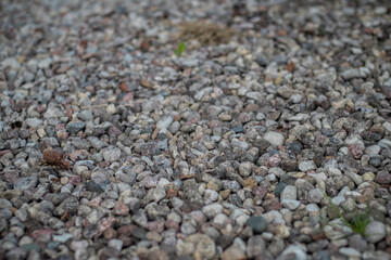 A detailed view of assorted gravel stones in various earthy tones, commonly used for landscaping,...