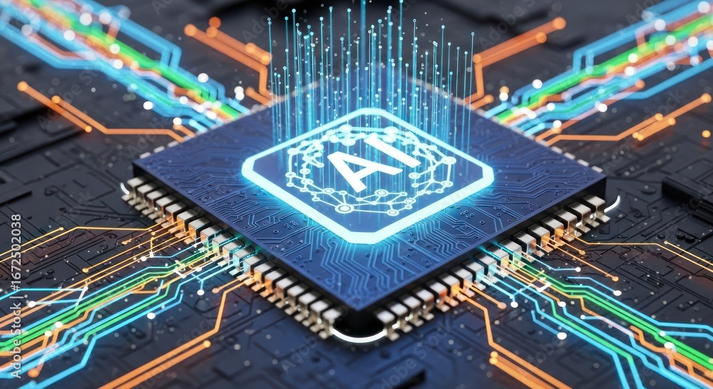 Poster a detailed illustration of an ai chip mounted on a circuit board, showcasing intricate circuitry and