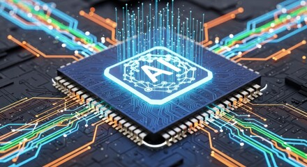A detailed illustration of an AI chip mounted on a circuit board, showcasing intricate circuitry and illuminated design elements.