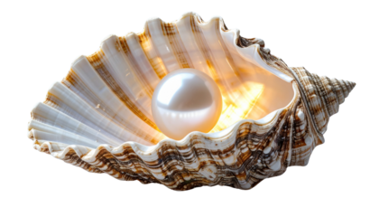 Single seashell with pearl glowing inside isolated on transparent background
