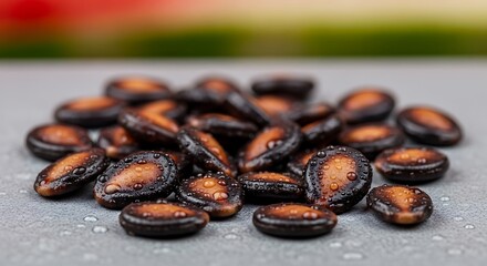 Obraz premium A small pile of dark, shiny watermelon seeds, glistening with moisture on a textured grey surface, suggesting freshness and readiness for planting or consumption as a healthy snack