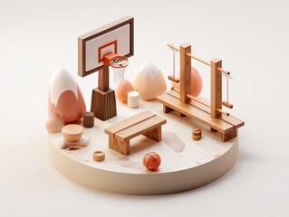A whimsical 3D diorama featuring a miniature basketball court, a wooden bench, and abstract natural elements.
