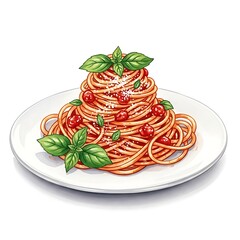 Delicious spaghetti with tomato sauce and fresh basil garnished on a white plate