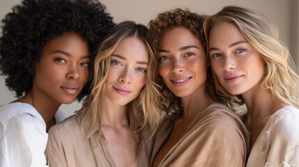 Obraz premium studio portrait five women with different age and diversity skin tones for advertising product design 