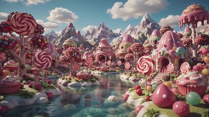 A vibrant dreamscape composed entirely of sweets, featuring whimsical candy architecture, lollipop forests, and glistening rivers in a fantastical setting - Powered by Adobe