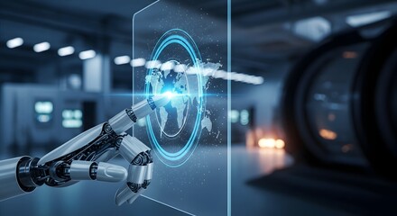 Robotic Hand Interacting with Global Network Interface on Futuristic Display