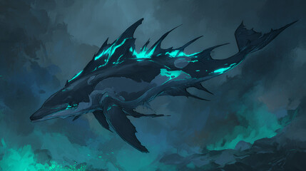Obraz premium Dark fantasy dolphin with bioluminescent markings in eerie blue light