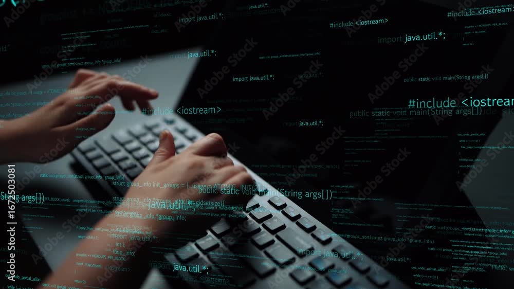Aufkleber close-up of hands typing on a keyboard, surrounded by lines of coding and programming elements, repr