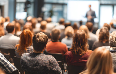 Audience Listens to Lecturer at a Conference MeetingSeminar Training. Group ofPeople Hear Presenter GiveSpeech . Corporate ManagerSpeaker Gives Business Tecnology and Economic Forecat.