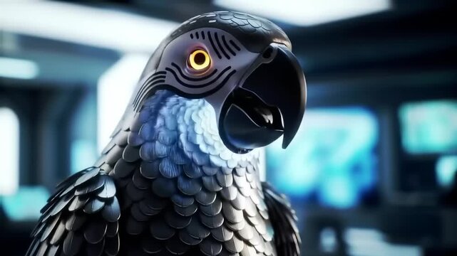 Robotic parrot close up against blurred modern interior background