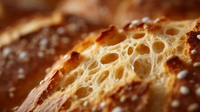 Close-up image of freshly baked bread crust highlighting its porous golden texture and crumb structure.