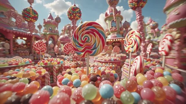 A vibrant and whimsical sugary dreamscape of an enchanting candy kingdom, brimming with colorful lollipops, towering sweets, and delightful confectionery treats