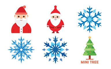 Christmas Vector Icons with Santa Claus Snowflakes and Mini Christmas Tree
