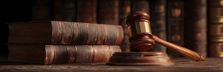 Wooden judge gavel and law books. 3d illustration