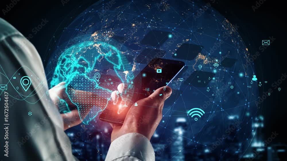 Aufkleber a conceptual image showcasing a person using a smartphone while interacting with global network conn