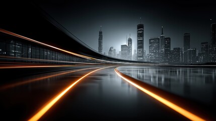 Fototapeta premium 夜の未来都市のスカイラインと光の軌跡が描かれた道路 | Night Futuristic City Skyline and Road Traced by Light Trails