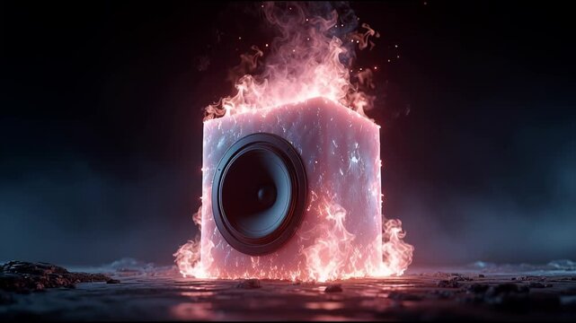 Futuristic burning speaker encased in glowing cube of fire, symbolizing explosive sound energy, music power, passion, creativity and intensity