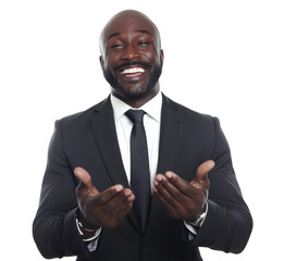 Smiling Businessman in Suit Presenting Gesture Transparent Background PNG