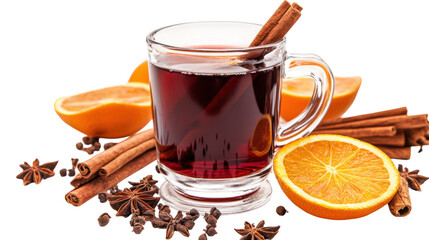 A mug of hot chocolate with orange slices and cinnamon sticks