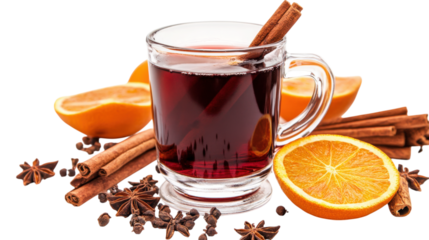 A mug of hot chocolate with orange slices and cinnamon sticks