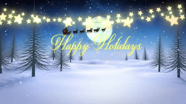 Animation of lights, snowfall, happy holiday text, trees on land against moon, santa riding sleigh