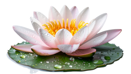 Floating lotus flower with water droplets isolated on transparent background

