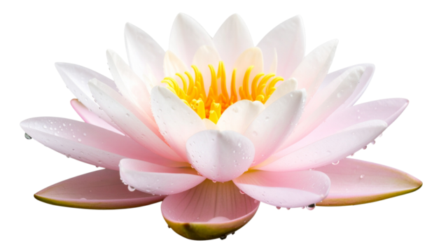 Floating lotus flower with water droplets isolated on transparent background
