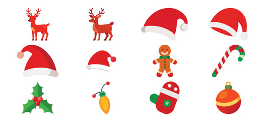 Christmas Holiday Vector Icon Set with Reindeer Santa Hats and Festive Elements
