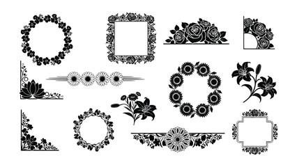 Obraz premium Floral Elegance: Exquisite black floral frames, borders, and design elements. perfect for invitations, and other creative projects, against a crisp background.