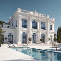 Luxurious white mansion overlooking a pool