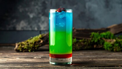 Vibrant layered cocktail in glass