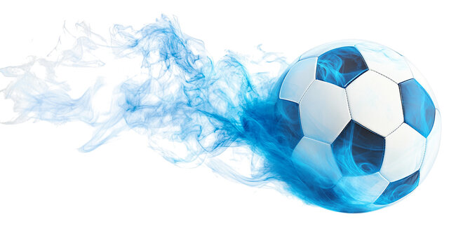 A soccer ball is flying through a blue smoke