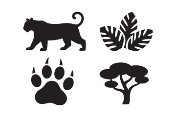 Silhouette icons of a panther paw print tree and tropical leaves