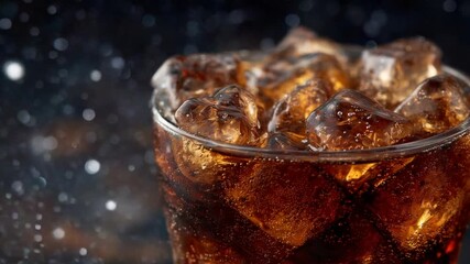 Close-up of a carbonated brown drink with ice cubes and bubbles rising, featuring a frosted glass exterior with water droplets. - Powered by Adobe