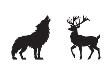 Silhouette of a howling wolf and a majestic stag
