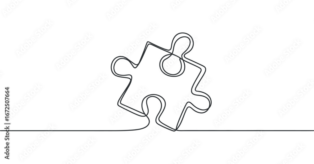 Poster Continuous Line Drawing of a Puzzle Piece Representing Solution and Problem Solving Vector Graphic Design