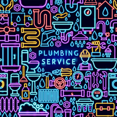 Plumbing Service Neon Frame. Vector Illustration of Bright Plumber Signs in Modern Glowing Style. Web Promotional Concept. Led Lamp Pipe, Faucet, Wrench, Toilet, Sink over Dark Blue Background.
