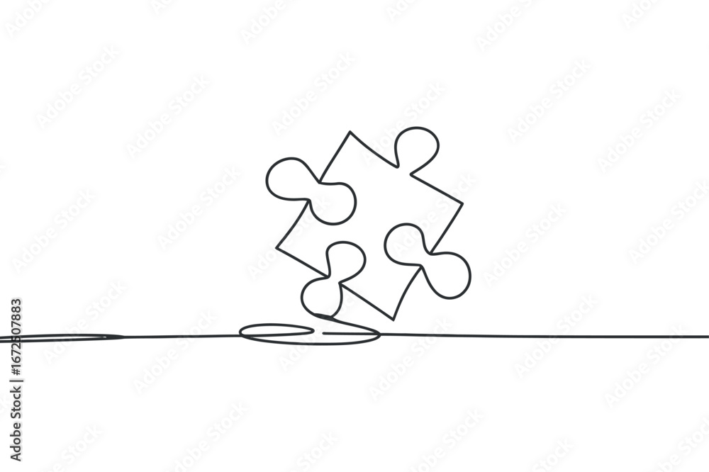 Poster continuous line drawing of puzzle piece connection solution teamwork one line vector illustration