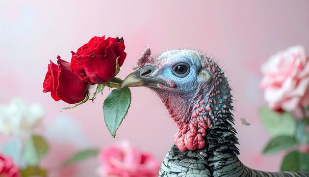 A turkey holds red roses in its beak with a pink floral background, artistic pose