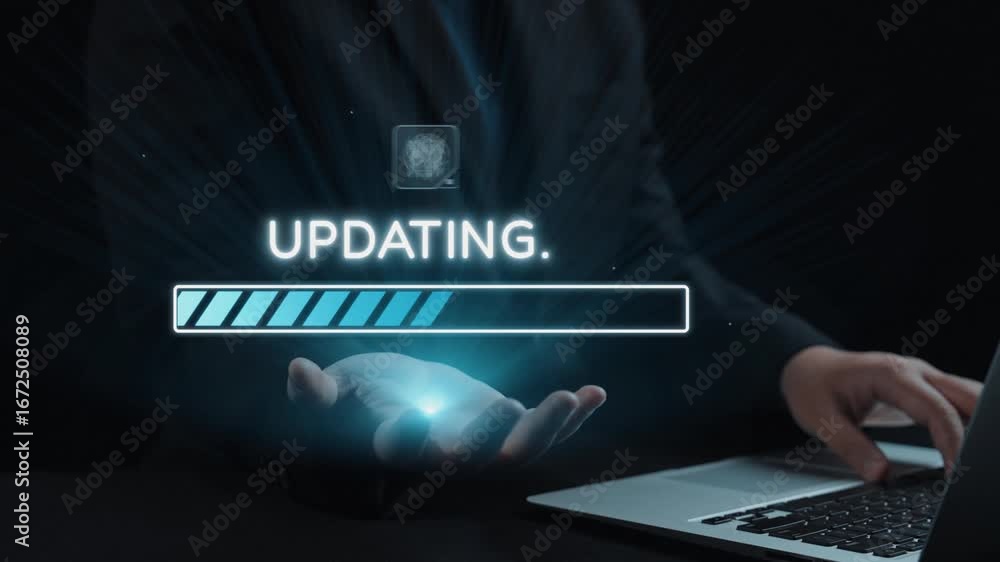 Poster a hand presenting a digital loading bar symbolizes data updates in a contemporary tech environment, 