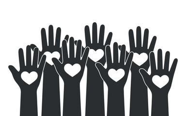 Monochrome Hands Raised with Heart Shapes Volunteering Charity Concept on White Background