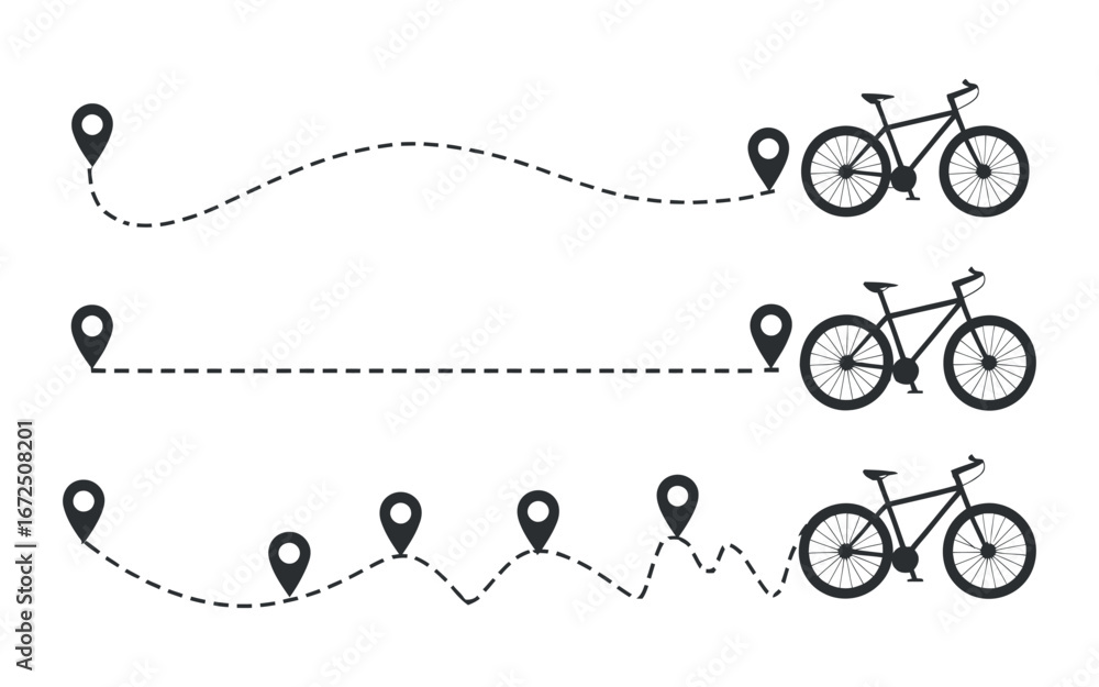 Poster bicycle route navigation vector illustration with dotted lines and location pins for mapping applica